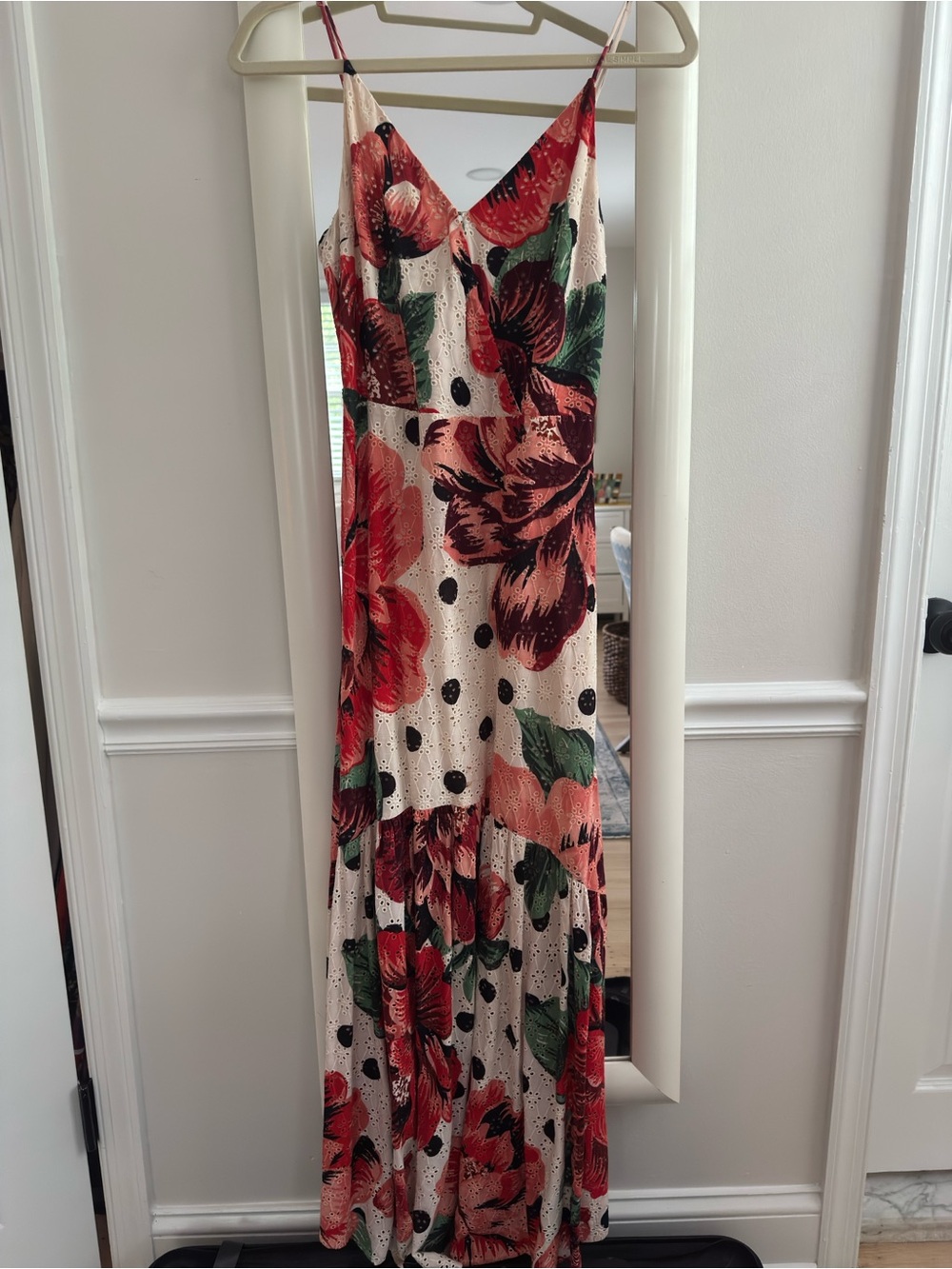 Anthropologie Cream Maxi Slip Dress with Red Floral Print